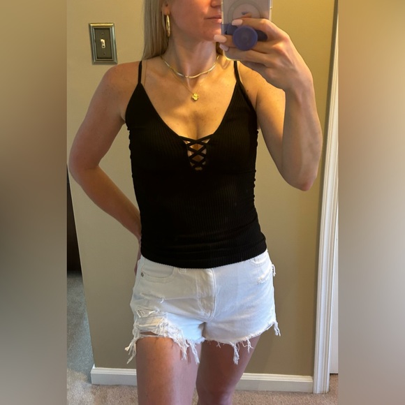 Intimately by Free People Black Seamless Ribbed Cross Front Camisole - Picture 3 of 11